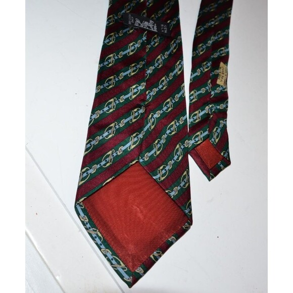 Vintage Hermes Green red Equestrian Horse bit Tie 100% Silk Made in France - Picture 6 of 7